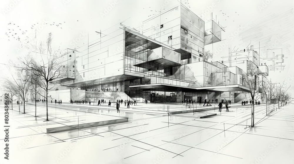 Fototapeta premium Futuristic museum with geometric structures in an urban setting, surrounded by trees and pedestrians - an artistic architectural rendering
