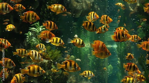   A group of yellow and black fish swim in a large aquarium filled with tropical plants photo