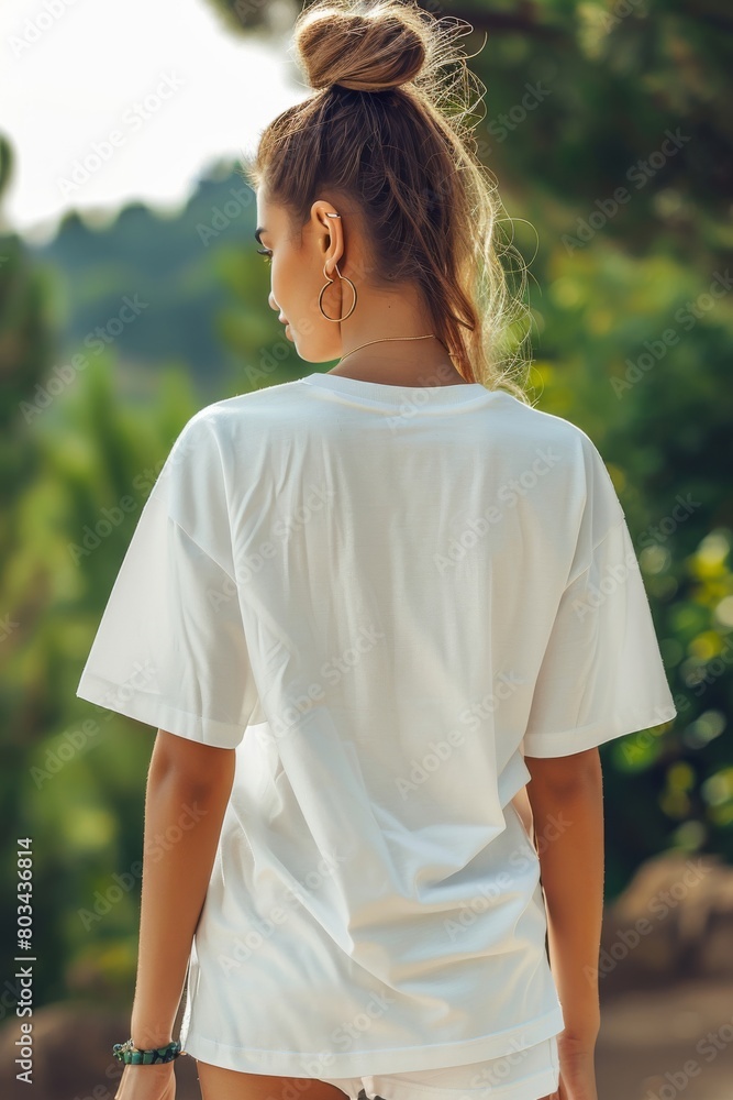 Fototapeta premium Young woman in a white shirt enjoying a tranquil moment amidst lush greenery in a peaceful setting, seen from behind