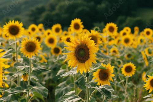 A field of sunflowers stretches towards the horizon  their tall stalks and bright yellow petals creating a stunning display of natural beauty.