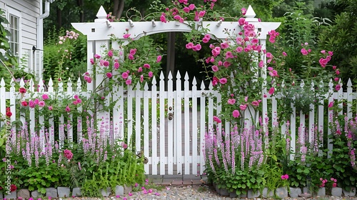 Fototapeta Naklejka Na Ścianę i Meble -  Elegant white garden fence and gate with pink roses salvia catmint lady mantle flowers and bushes