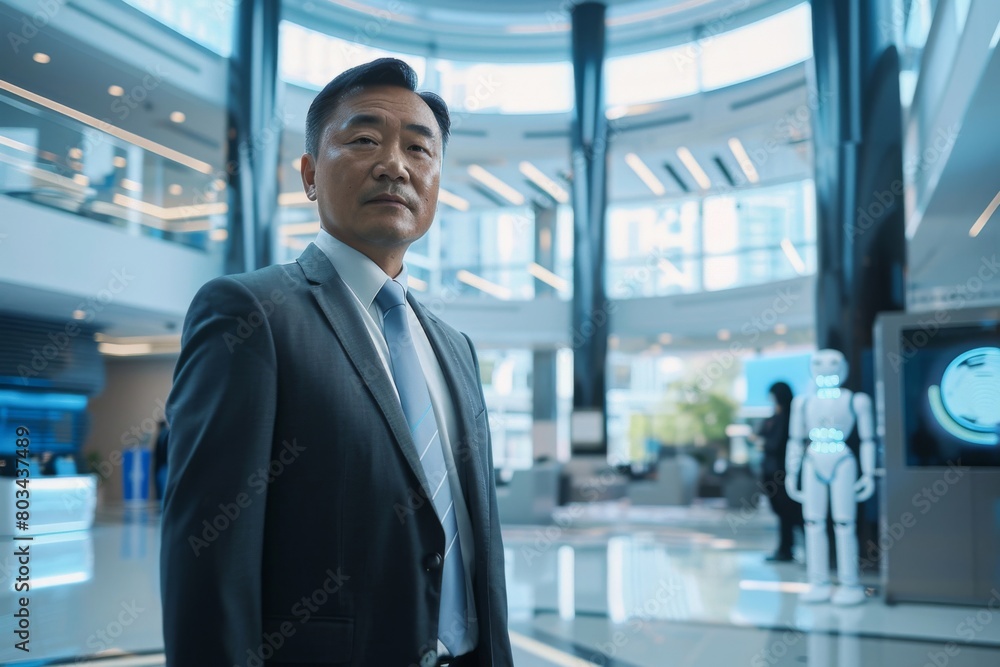 Professional businessman stands assuredly in a modern. Technology-driven corporate interior. With robotics and advanced architectural design emphasizing a cutting-edge. Innovative business atmosphere Professional businessman stands assuredly in a modern. Technology-driven corporate interior. With robotics and advanced architectural design emphasizing a cutting-edge. Innovative business atmosphere