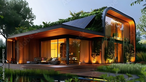 Futuristic sustainable smart home: Solar roof, cutting-edge design, and renewable living. Concept Smart Home Technology, Sustainability, Solar Power, Modern Architecture, Renewable Energy © Ян Заболотний