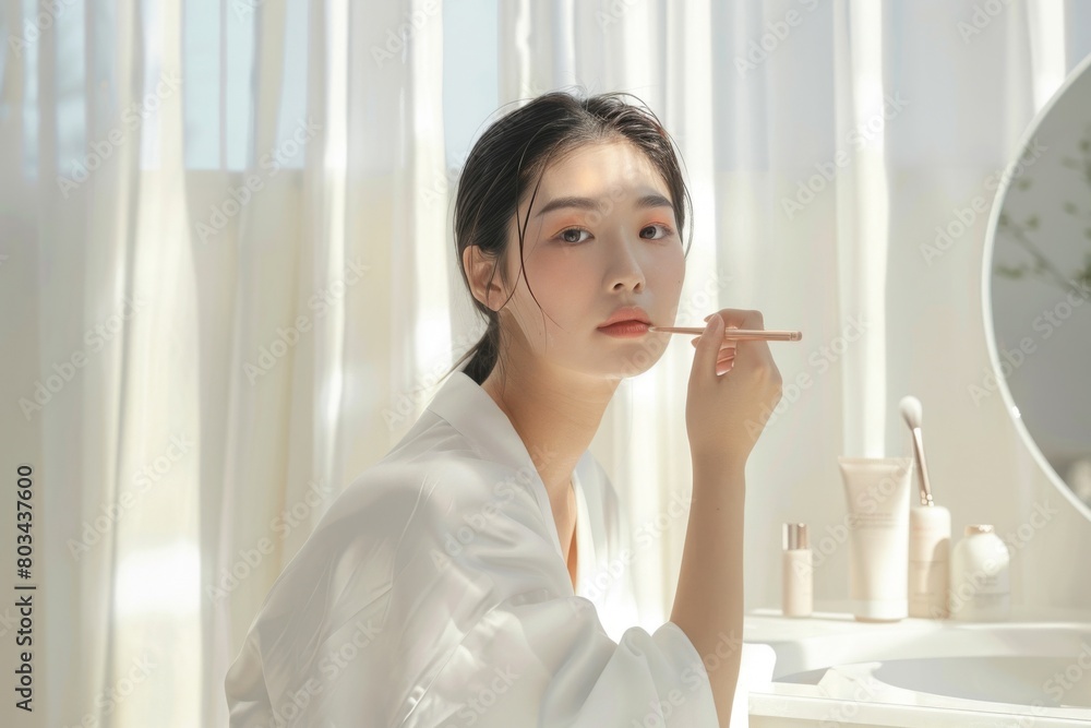 Tranquil image capturing a young woman applying makeup with a brush, bathed in soft natural light near a window, reflecting a moment of daily self-care and elegance