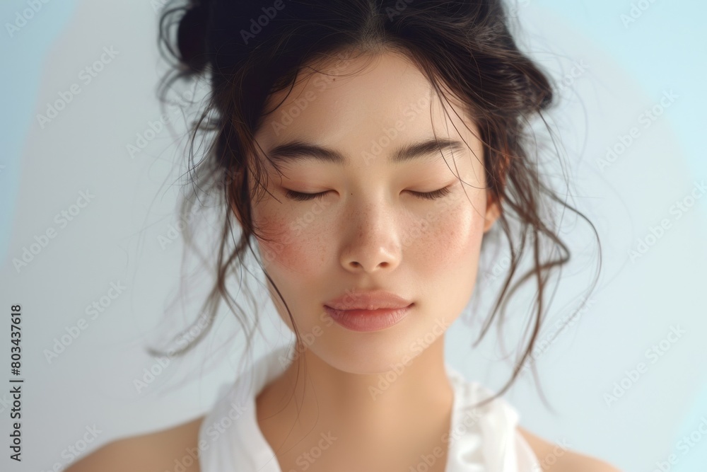 Close-up portrait of a serene young woman with natural makeup, showcasing flawless skin and soft freckles, exuding peace and tranquility in a minimalist setting with soft lighting Close-up portrait of a serene young woman with natural makeup, showcasing flawless skin and soft freckles, exuding peace and tranquility in a minimalist setting with soft lighting