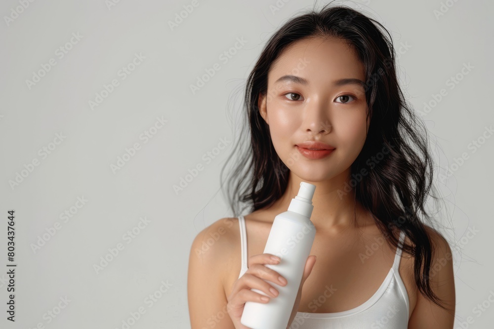 Beautiful young asian woman confidently holds a bottle of skincare lotion, showcasing healthy, glowing skin against a clean, neutral background, embodying beauty and self-care Beautiful young asian woman confidently holds a bottle of skincare lotion, showcasing healthy, glowing skin against a clean, neutral background, embodying beauty and self-care