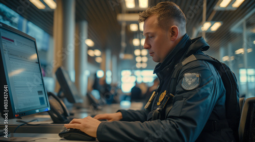 Close-up: Officer checks passenger metrics on computer at passport control.