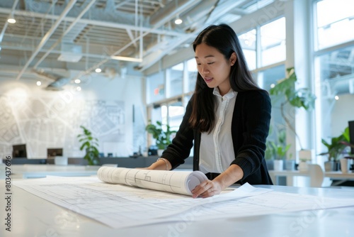 Free Download Focused female architect examines building plans spread on a table in a bright, contemporary office space, symbolizing dedication, precision, and the architectural design process - GFXLoad