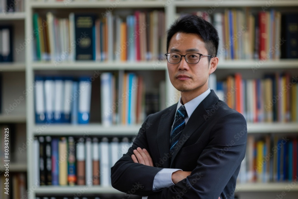 Focused business man stands with arms crossed in front of a bookshelf, exuding confidence and professionalism in an academic or corporate library setting Focused business man stands with arms crossed in front of a bookshelf, exuding confidence and professionalism in an academic or corporate library setting
