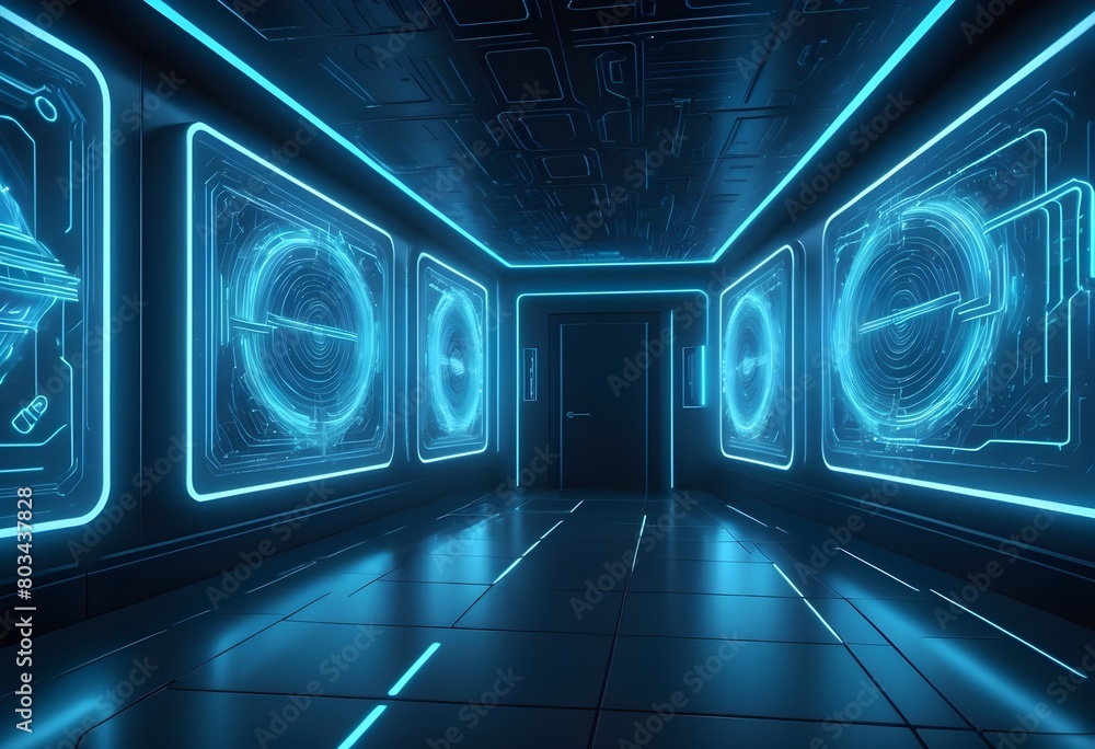 Evoking Mystery: Cyberpunk Corridor Illuminated by Neon Lights with a Metal Door