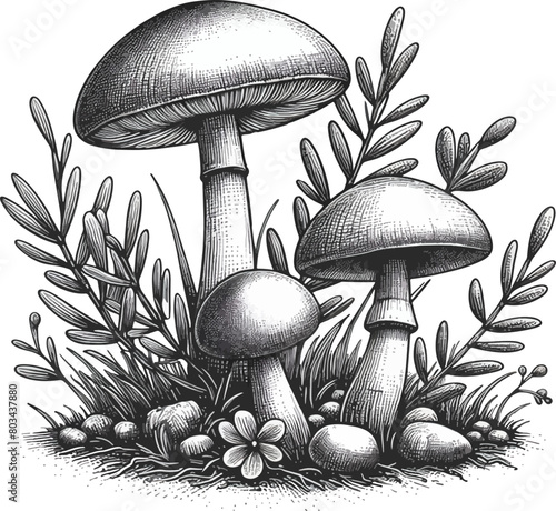 vector illustration of the mushrooms in the wood on the white background, in graphic style