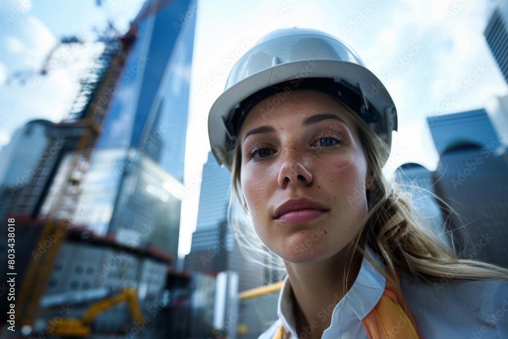 Close-up portrait of a determined young female engineer wearing a safety helmet against a backdrop of skyscrapers and construction cranes, symbolizing women's empowerment in the industry Close-up portrait of a determined young female engineer wearing a safety helmet against a backdrop of skyscrapers and construction cranes, symbolizing women's empowerment in the industry