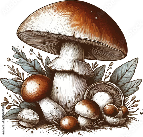 vector illustration of the mushrooms in the forest on the white background, in graphic style