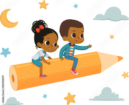 African American Funny Kids Flying On Colorful Yellow Pencil. Imagination And Cognition Concept. Isolated © FoxyImage