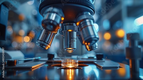 Close-up of a modern laboratory microscope focusing on a specimen with glowing orange illumination in a dark lab environment photo