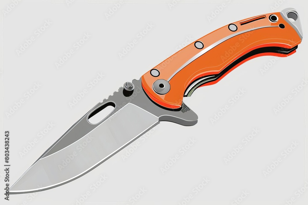 A sleek and stylish orange and silver folding pocket knife with a partially serrated blade. The knife is open and ready to use. A sleek and stylish orange and silver folding pocket knife with a partially serrated blade. The knife is open and ready to use.