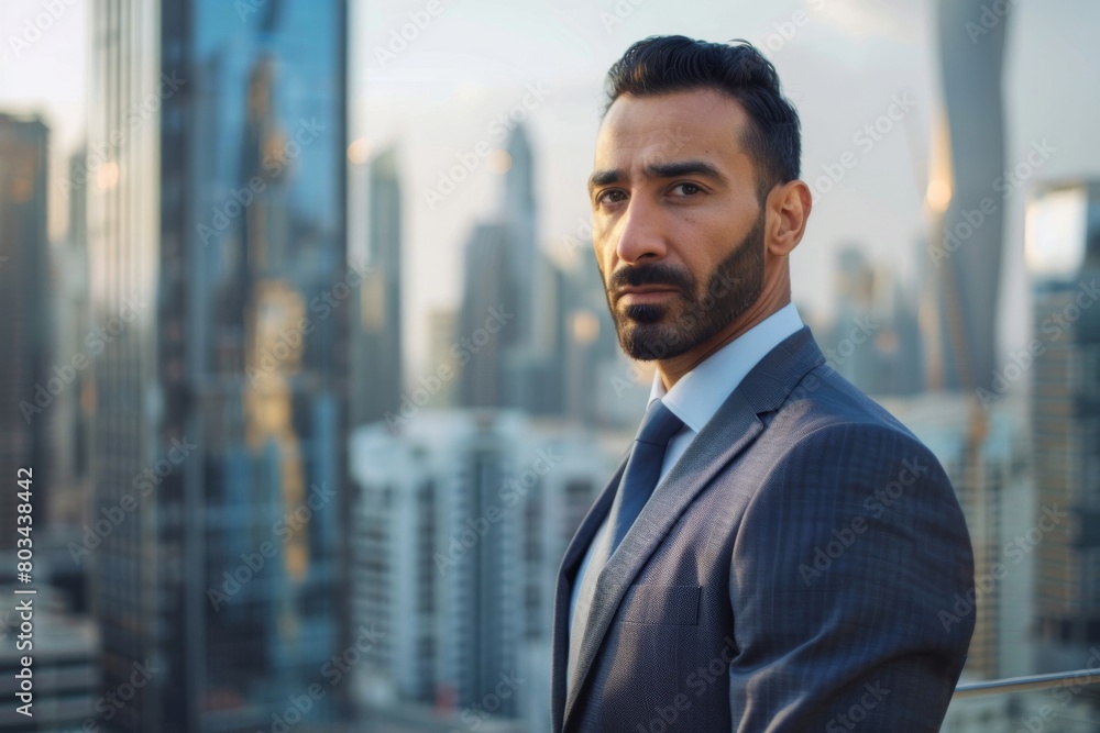 Professional businessman in a suit gazes into the distance with a determined expression, standing against the backdrop of a dynamic city skyline during sunset hours Professional businessman in a suit gazes into the distance with a determined expression, standing against the backdrop of a dynamic city skyline during sunset hours