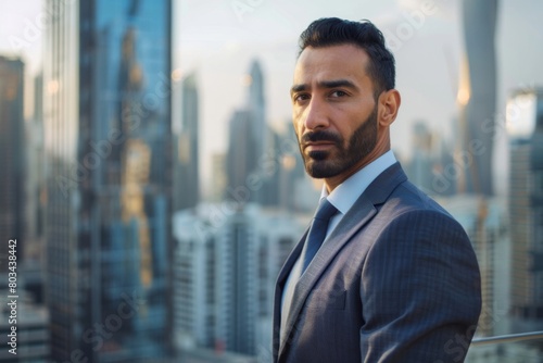Professional businessman in a suit gazes into the distance with a determined expression  standing against the backdrop of a dynamic city skyline during sunset hours