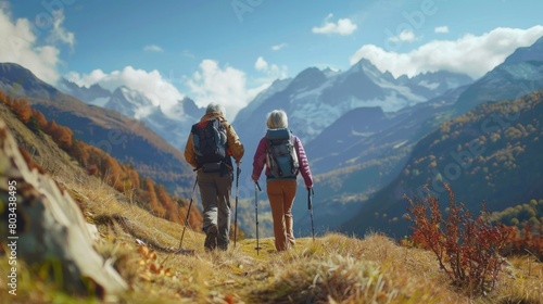Couple hiking in the mountain wilderness during autumn, showcasing their backpacks and trekking poles against a backdrop of vibrant fall foliage and majestic snowy peaks