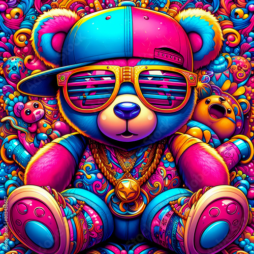 Digital art vibrant colorful cool psychedelic hiphop teddy bear