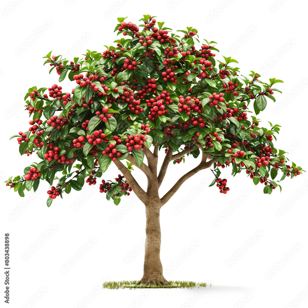 A coffee tree with an abundance of coffee beans on white background,png