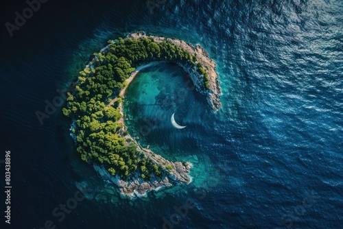 A half moon shape island island with a large body of water surrounding it