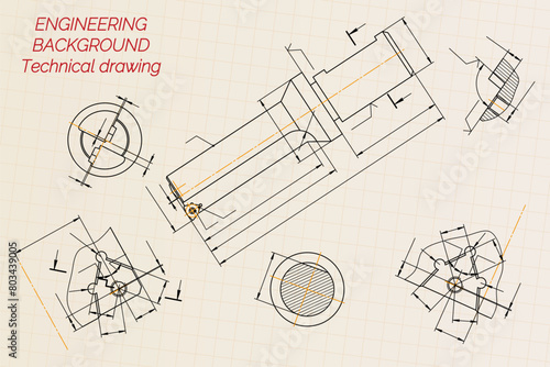 Mechanical engineering drawings on light background. Tap tools, borer. Technical Design. Cover. Blueprint. Vector illustration.