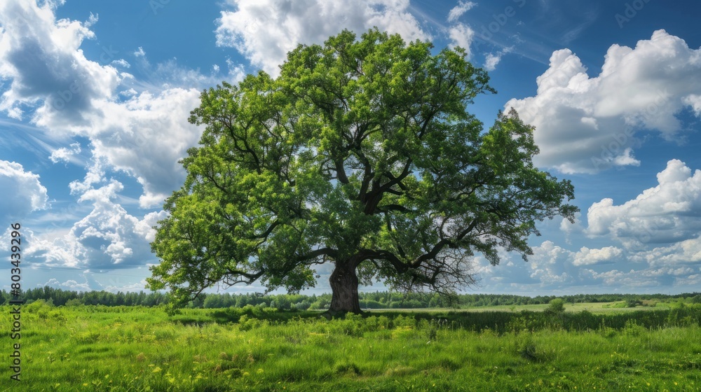 Lonely green oak tree in forest meadow Lonely green oak tree in forest meadow