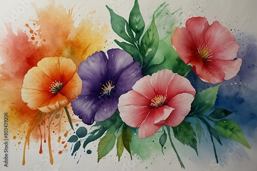 Seamless pattern with watercolor large colourful flowers  hand painted...