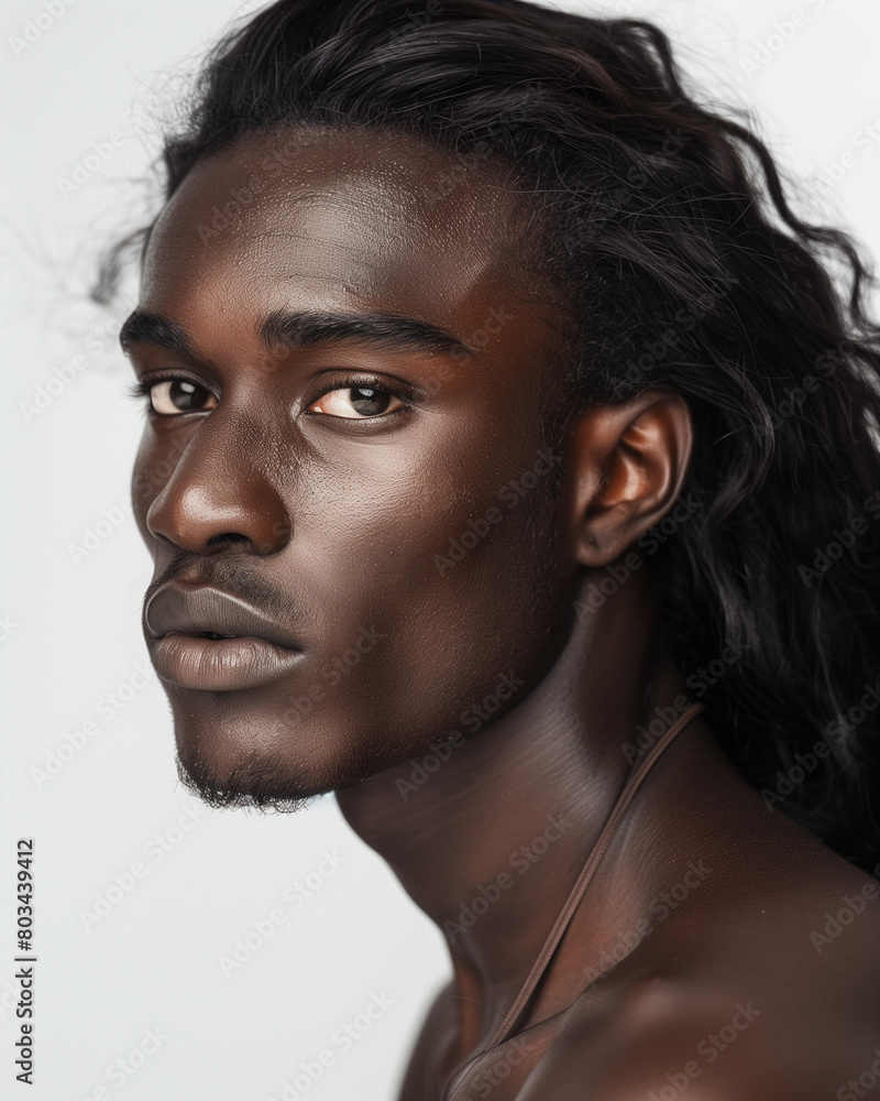 Beautiful pretty black young male, 3/4 portrait, stylish beauty long hair and natural elegance. Skin care, hair design, studio shot