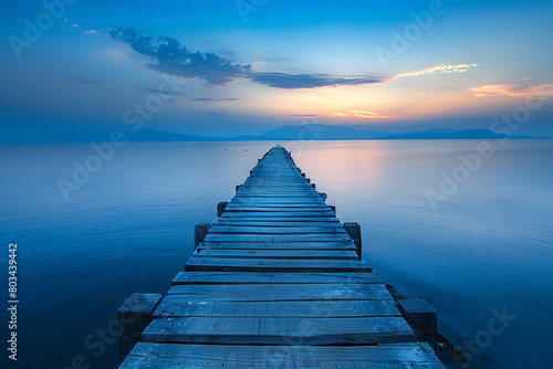 A serene image of a wooden pier stretching out into calm blue waters, with the warm glow of the setting sun on the horizon. photo