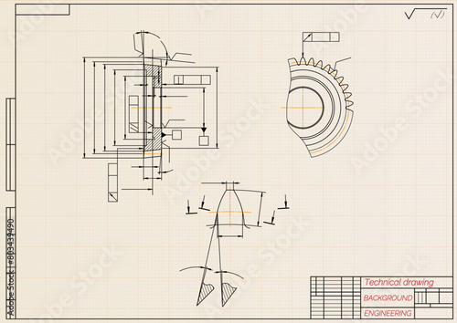 Mechanical engineering drawings on light background. Gear cutting tool. Technical Design. Cover. Blueprint. Vector illustration.