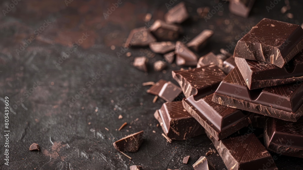 Portrait of pieces dark chocolate on dark background, copy space. generative AI image Portrait of pieces dark chocolate on dark background, copy space. generative AI image