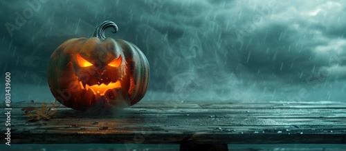 spooky halloween pumpkin on table with a misty gray coastal night background, copy space. photo