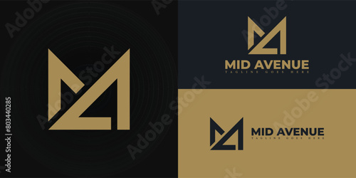 Abstract initial square letter MA or AM logo in gold color isolated on multiple background colors. The logo is suitable for property and real estate apartment icon logo design inspiration templates.