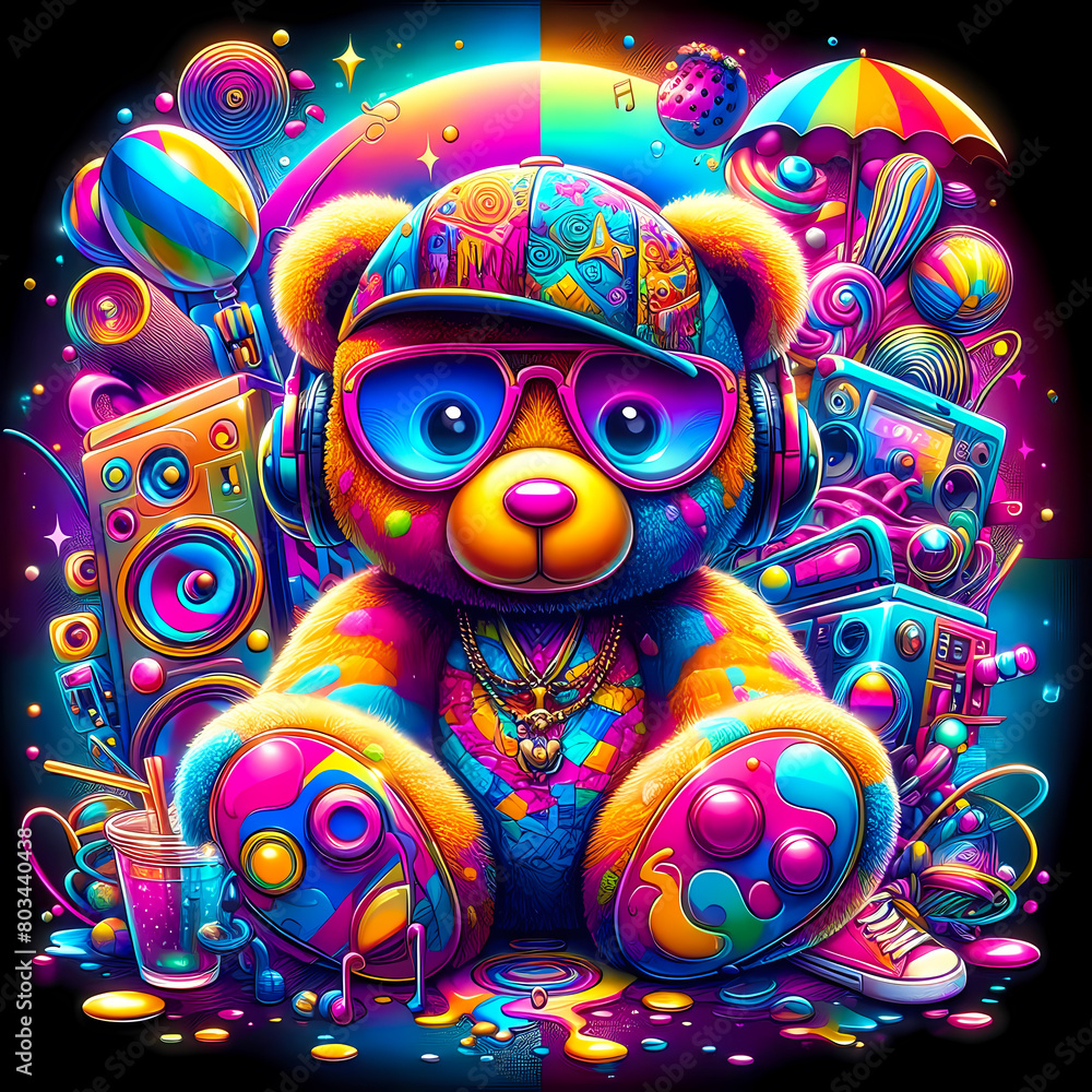 Digital art vibrant colorful cool psychedelic hiphop teddy bear