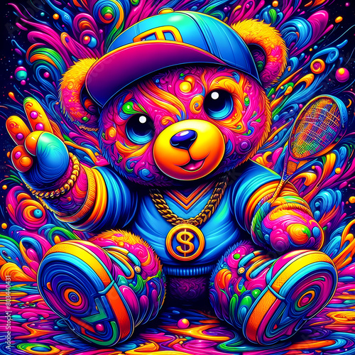 Digital art vibrant colorful cool psychedelic hiphop teddy bear photo
