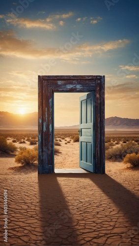 Illustration of an open door amidst the desert landscape, representing the concept of exploration and startup ventures.