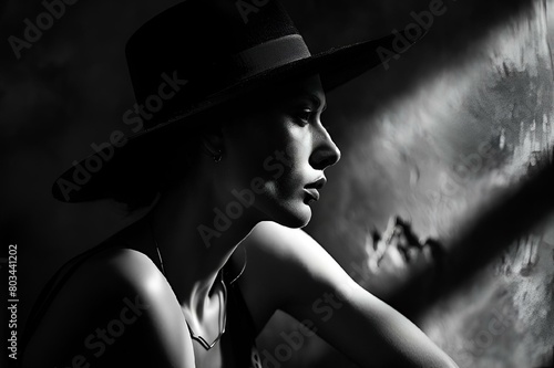 AI generated illustration of a woman in a stylish black hat sits by a wall photo