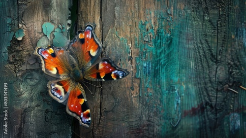 A butterfly delicately resting on a wooden branch, its vibrant colors contrasting against the natural wood texture. photo