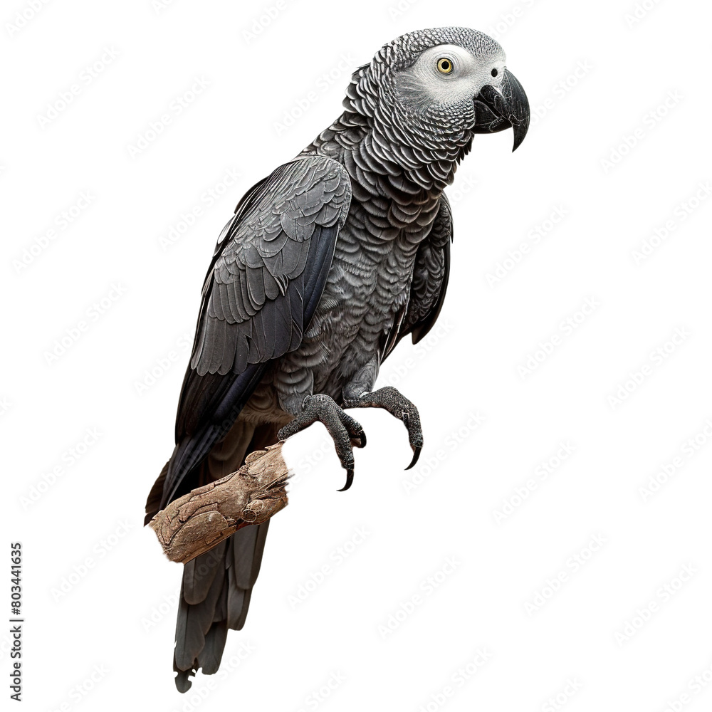 African grey parrot sitting on a branch on white background,png African grey parrot sitting on a branch on white background,png