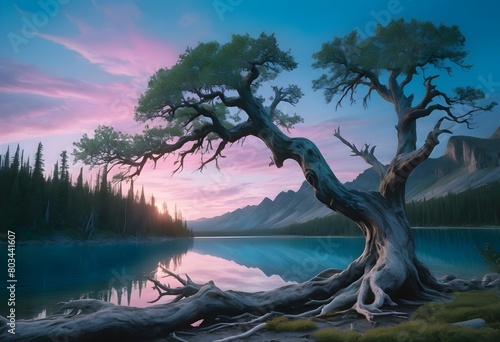 Tranquil Lake Landscape with Majestic Twisted Tree at Sunrise/Sunset, Serene Nature Scenery with Mountains and Colorful Sky - Perfect for Wall Art and Home Decor