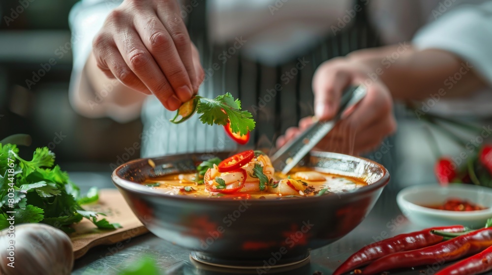 A chef garnishing a bowl of tom yum goong soup with fresh cilantro leaves and sliced red chili peppers, adding visual appeal and extra flavor.