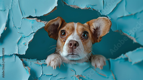 portrait dog looking throuhg a hole in a blue wallpaper photo