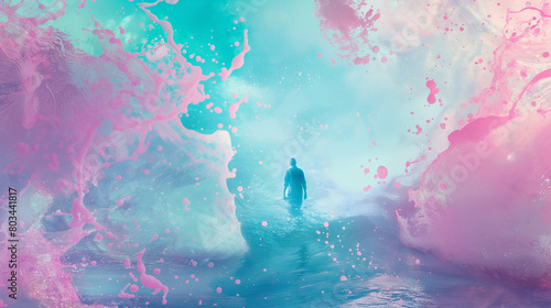Silhouetted individual walking through a fantastical pink and cyan underwater world
