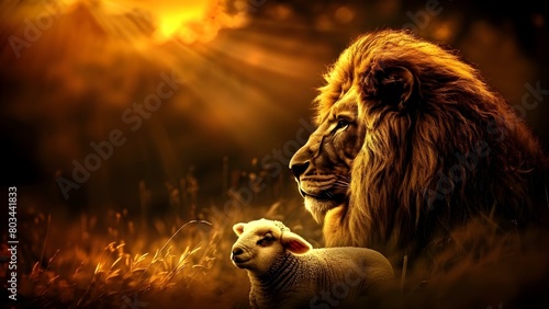 The Dual Nature of Jesus: Sacrificial Lamb and Triumphant Lion. Concept Christian Theology, Bible Interpretation, Jesus' Identity, Religious Symbolism, Salvation Theme photo