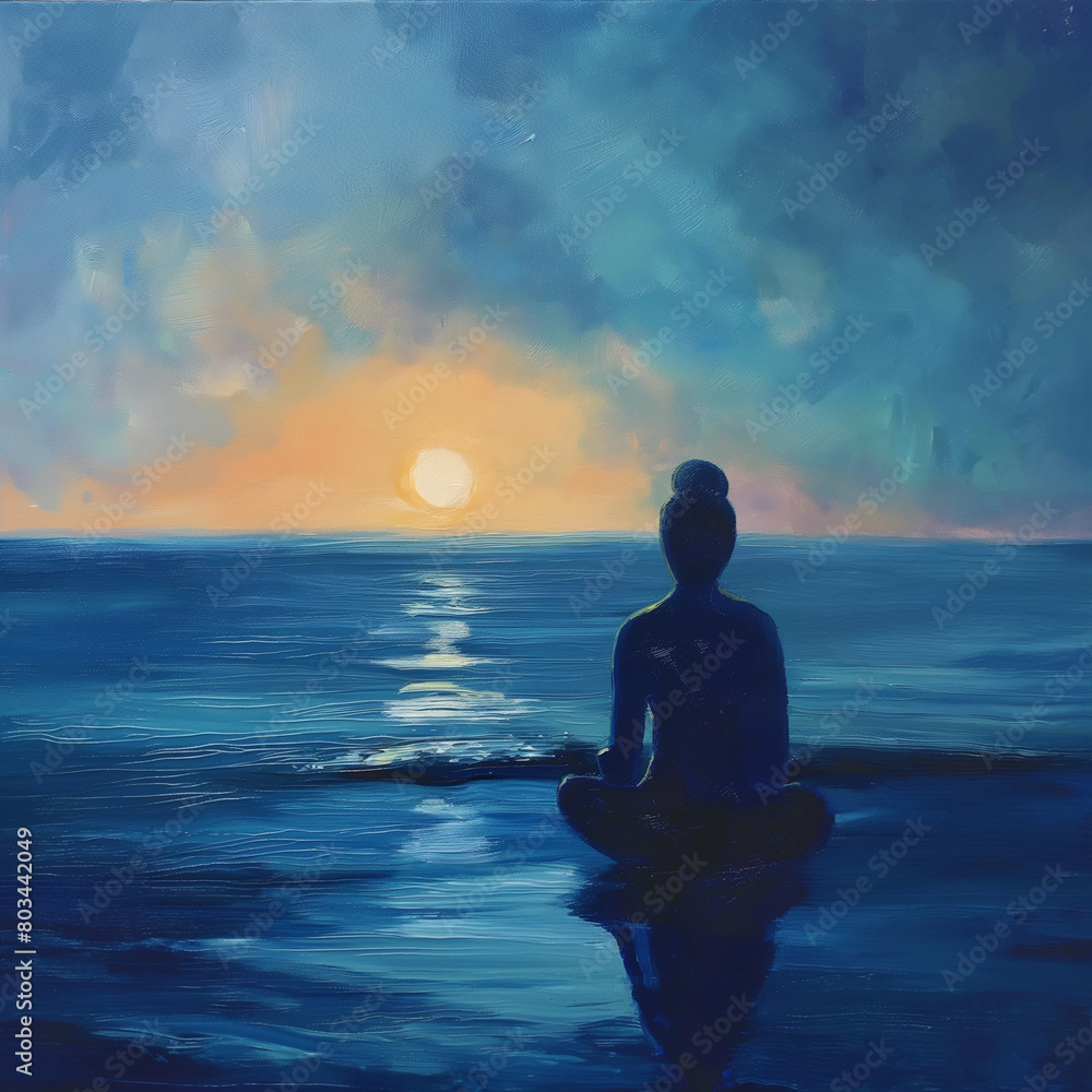 Contemplative figure meditating by a serene sea under a colorful dusk