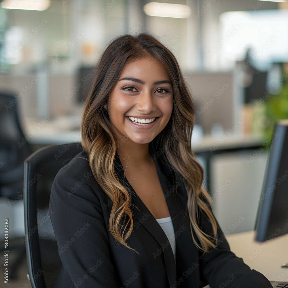 Smiling business woman in workplace Smiling business woman in workplace