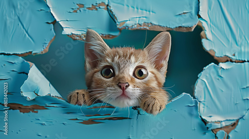 portrait cat looking throuhg a hole in a blue wallpaper photo