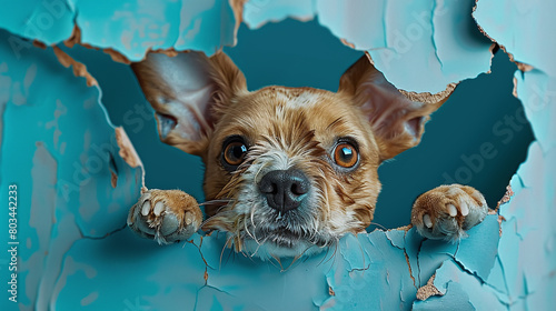 portrait dog looking throuhg a hole in a blue wallpaper photo